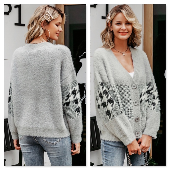 Grey Fuzzy Houndstooth Button Up Cardigan - Picture 3 of 7